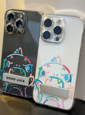 超薄适用16Promax荣耀GTPRO高级感14透明手机壳带支架硬15PLUS创意苹果12彩条恐龙无边框iPhone13小众红米K80