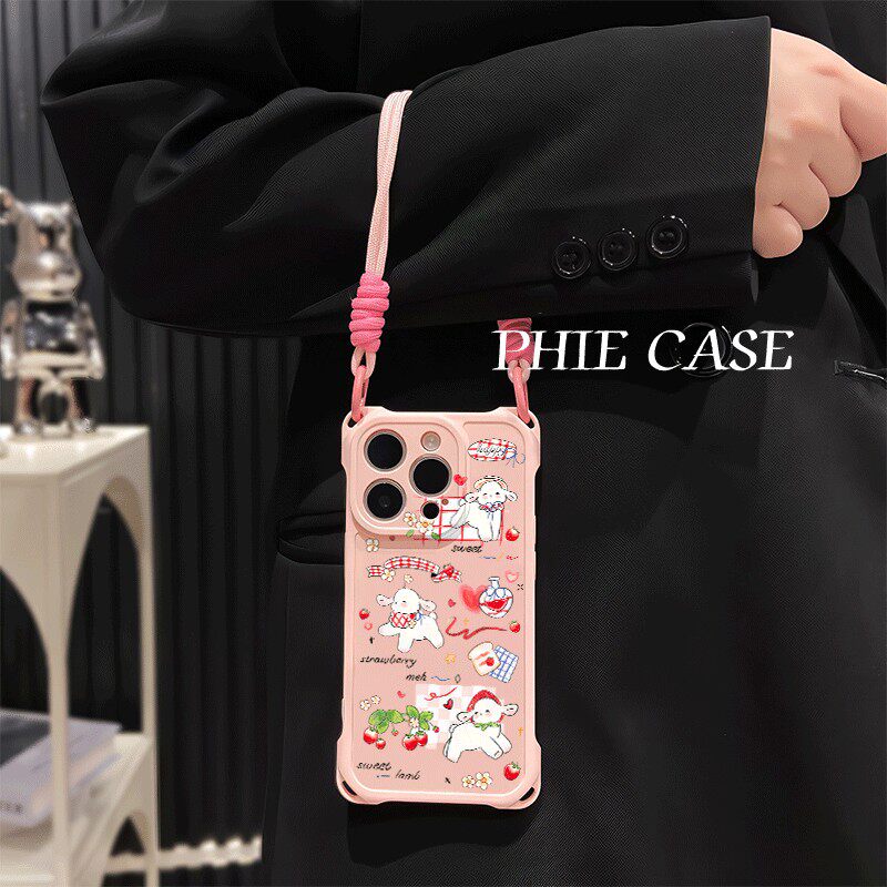 斜挎手腕挂绳苹果16plus透明适用防摔12草莓小羊iPhone15手机壳软14四角开孔13ProMax可爱x200少女心荣耀x70i
