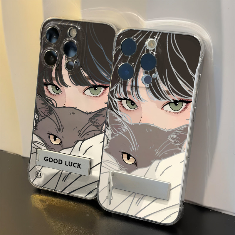 小米15Ultra无边框13手机壳带支架iPhone12适用女孩猫咪16高级感苹果14promax超薄华为畅享80透明VIVOX200S硬