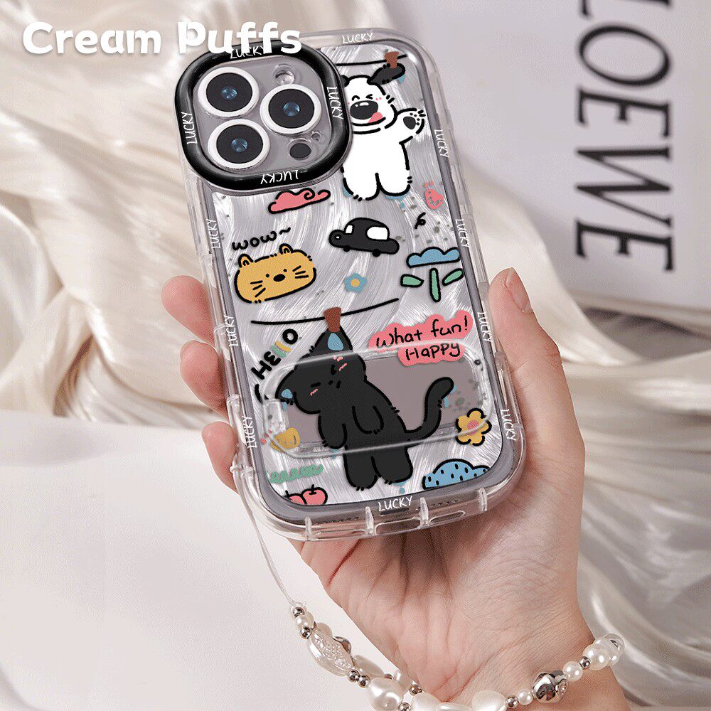 小米17ProMax软羽纱泡芙16plus悬挂小猫镜子支架12苹果13带挂绳一加15少女心适用iPhone14手机壳可爱VIVOX300