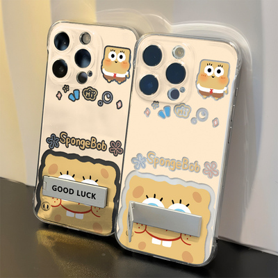 iPhone16plus超薄无边框小米15透明14卡通海绵宝宝手机壳带支架苹果13高级感12ProMax适用硬荣耀POWER卡通s30
