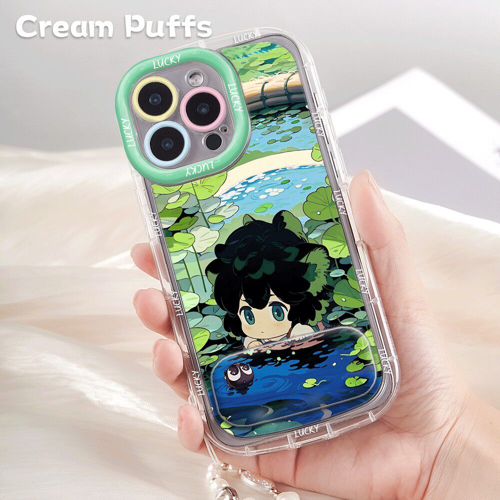 荷叶罗小黑iPhone15创意适用OPPOK13TURBO带挂绳16plus动漫荣耀WIN手机壳软苹果14p镜子支架可爱小米17ProMax