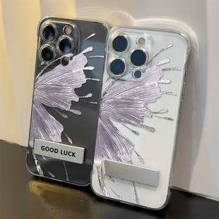 OPPOFINDX8ULTRA高级感iPhone13透明ins风超薄14硬无边框艺术半只蝴蝶16ProMax小众苹果15适用12手机壳带支架