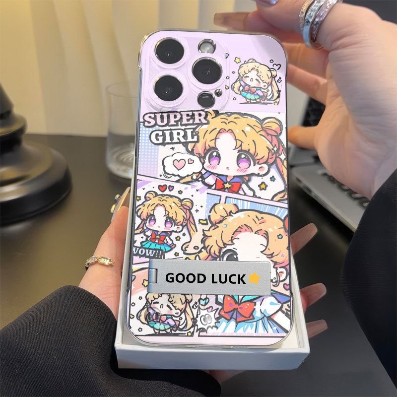 苹果16q版美少女战士适用手机壳带支架iPhone14透明OPPO超薄12少女心13ProMax无边框硬VIVOx100s小米15高级感