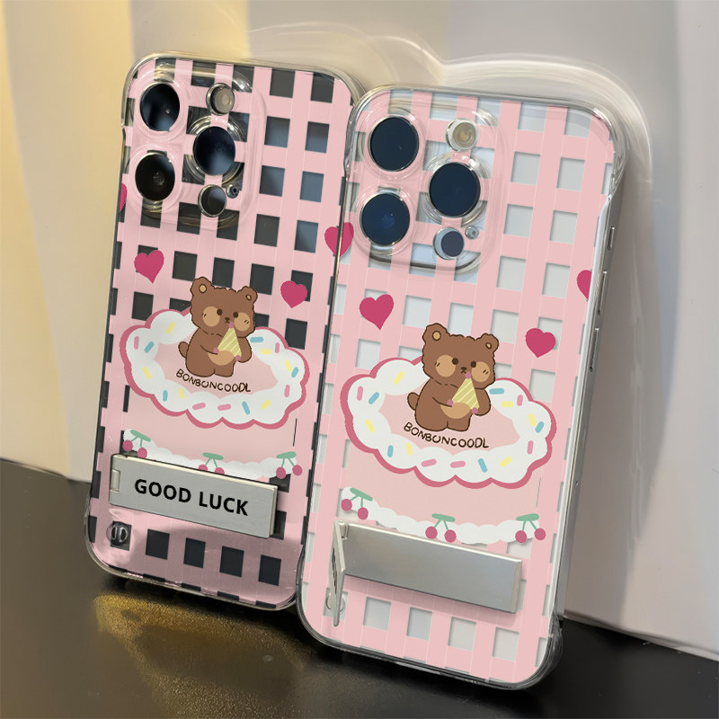 爱心小熊无边框iPhone16E手机壳带支架12适用Y300透明13ProMax超薄IQOONEO10高级感NOTE14苹果15Plus硬卡通女