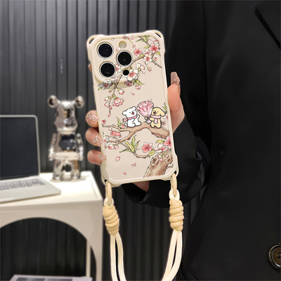 华为NOVA15可爱iPhone13四角开孔苹果17pm适用防摔14plus卡通斜挎手腕挂绳手机壳软16ProMax桃树送花线条小狗