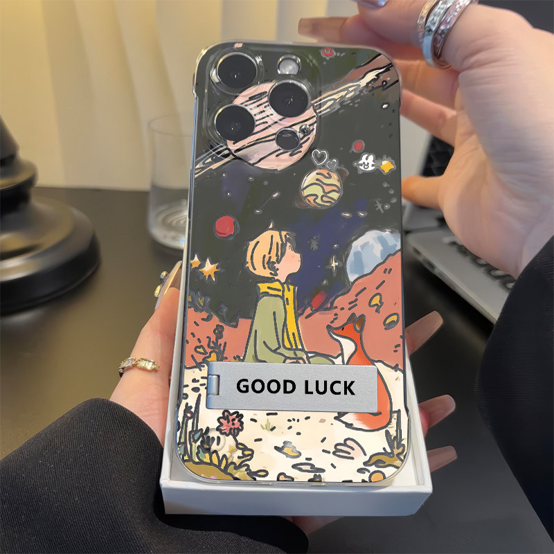 iPhone13高级感12ProMax适用硬星球玫瑰小王子苹果16超薄无边框15透明VIVOs17t卡通14plus手机壳带支架k70ins