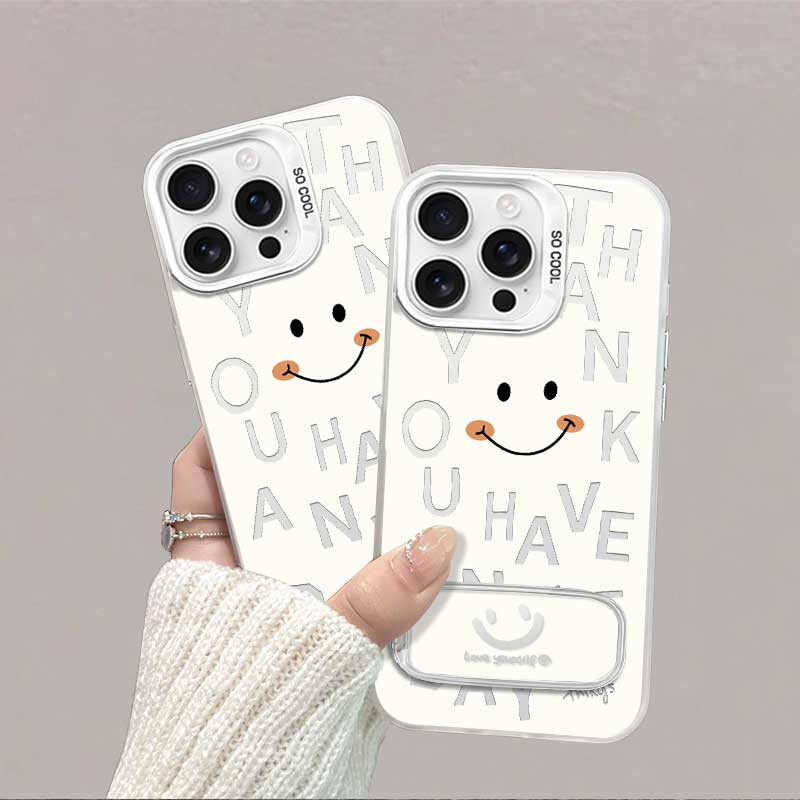 iPhone13手机壳硬FINDX8苹果12高级感16ProMax英文笑脸带镜子支架小米15创意适用14PLUS彩银小众红米k80Ultra