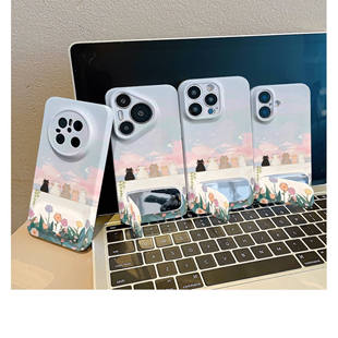 华为Nova14高级感16plus花丛端坐小猫手机壳硬iPhone12ProMax可爱菲林适用一加13T带镜子支架ins风苹果15创意