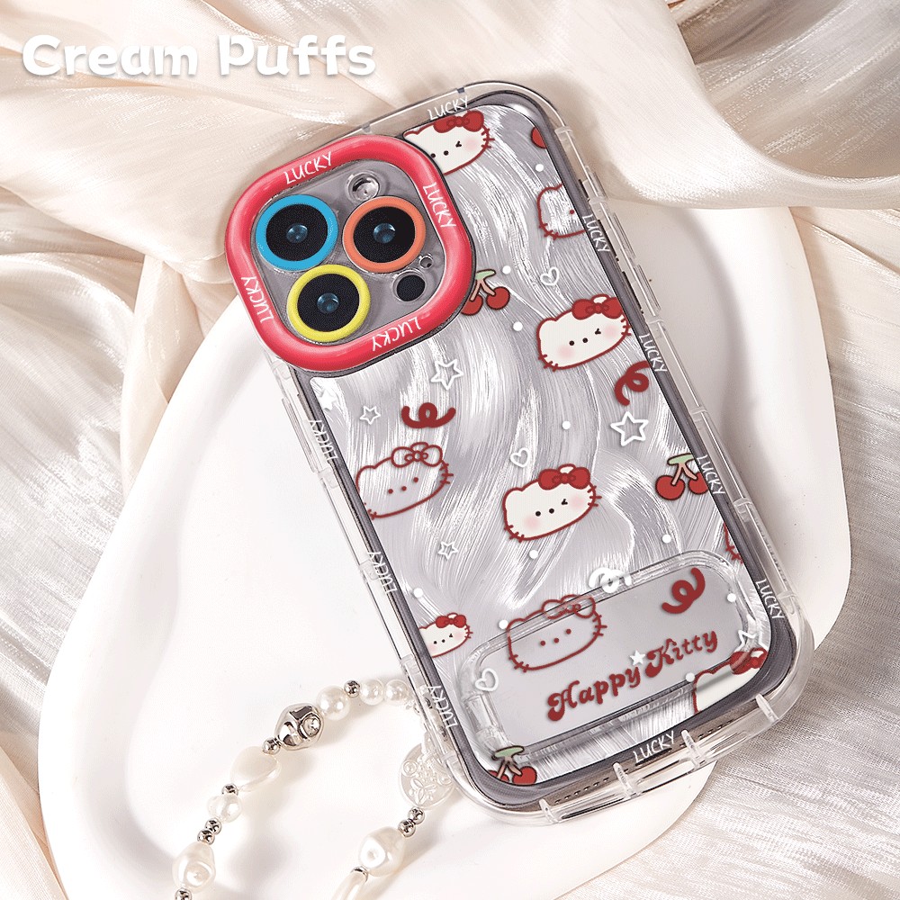 红米K90ProMax樱桃凯蒂猫适用小米17镜子支架iPhone13少女心16手机壳带挂绳15plus羽纱泡芙软14苹果12真我GT8