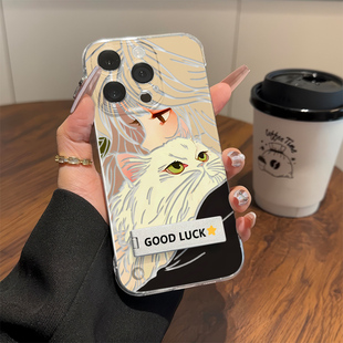 OPPOk11女孩猫咪华为适用iPhone16超薄苹果12荣耀15promax小米14透明硬无边框VIVOx100s高颜值手机壳带支架13
