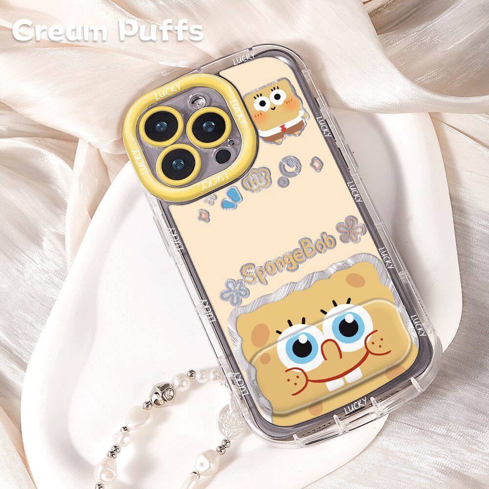 苹果17可爱15plus镜子支架16ProMax带挂绳Reno13适用少女心12海绵宝宝手机壳软VIVOX300羽纱泡芙iPhone14卡通