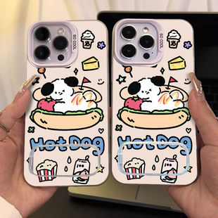 红米TURBO4PRO适用卡通14PLUS彩银硬iPhone13小狗汉堡手机壳12高级感VIVOx200s苹果16带镜子支架可爱15ProMax