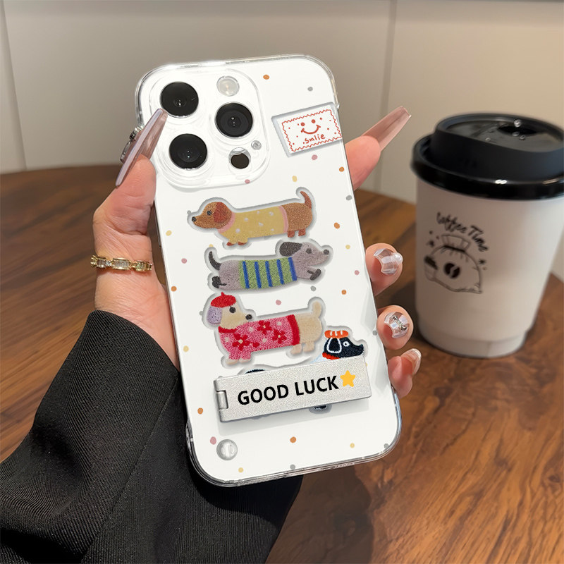 华为Pura70可爱iPhone12毛衣腊肠狗手机壳带支架VIVO荣耀小米苹果15pm适用16超薄14promax透明硬OPPO无边框13