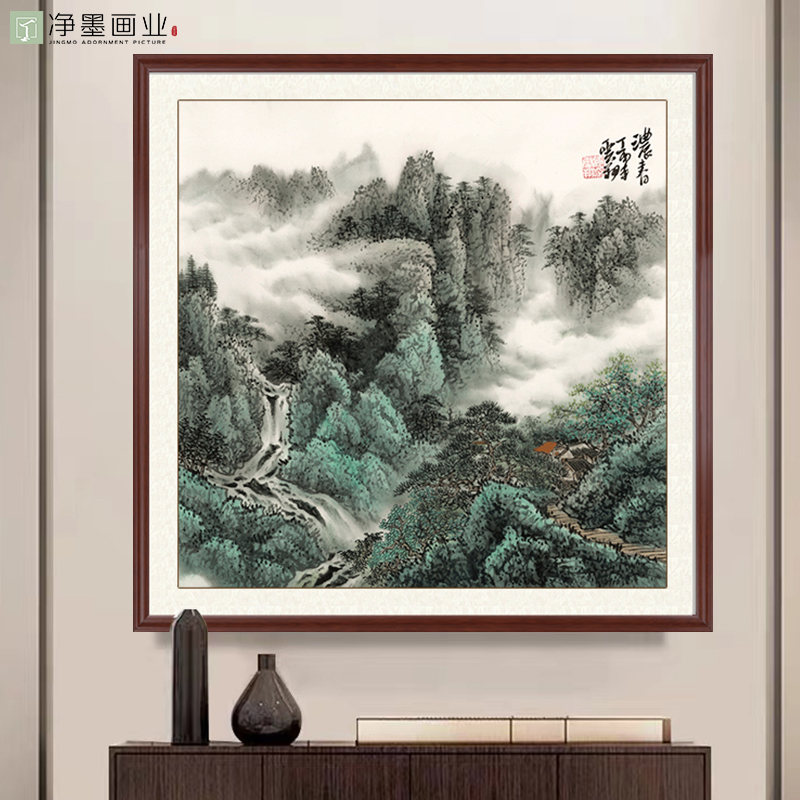 中式斗方形山水画风水挂画客厅装饰画入户玄关书房办公室沙发背景图片