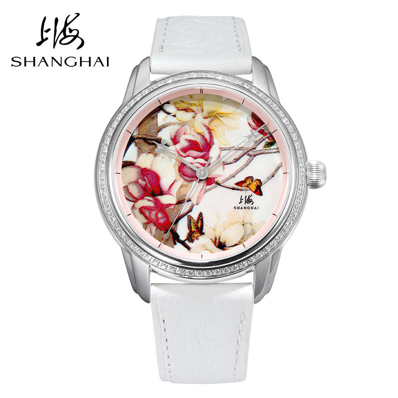 上海牌全自动机械表 精钢透底 镶钻印画文化系列 白玉兰系列女表