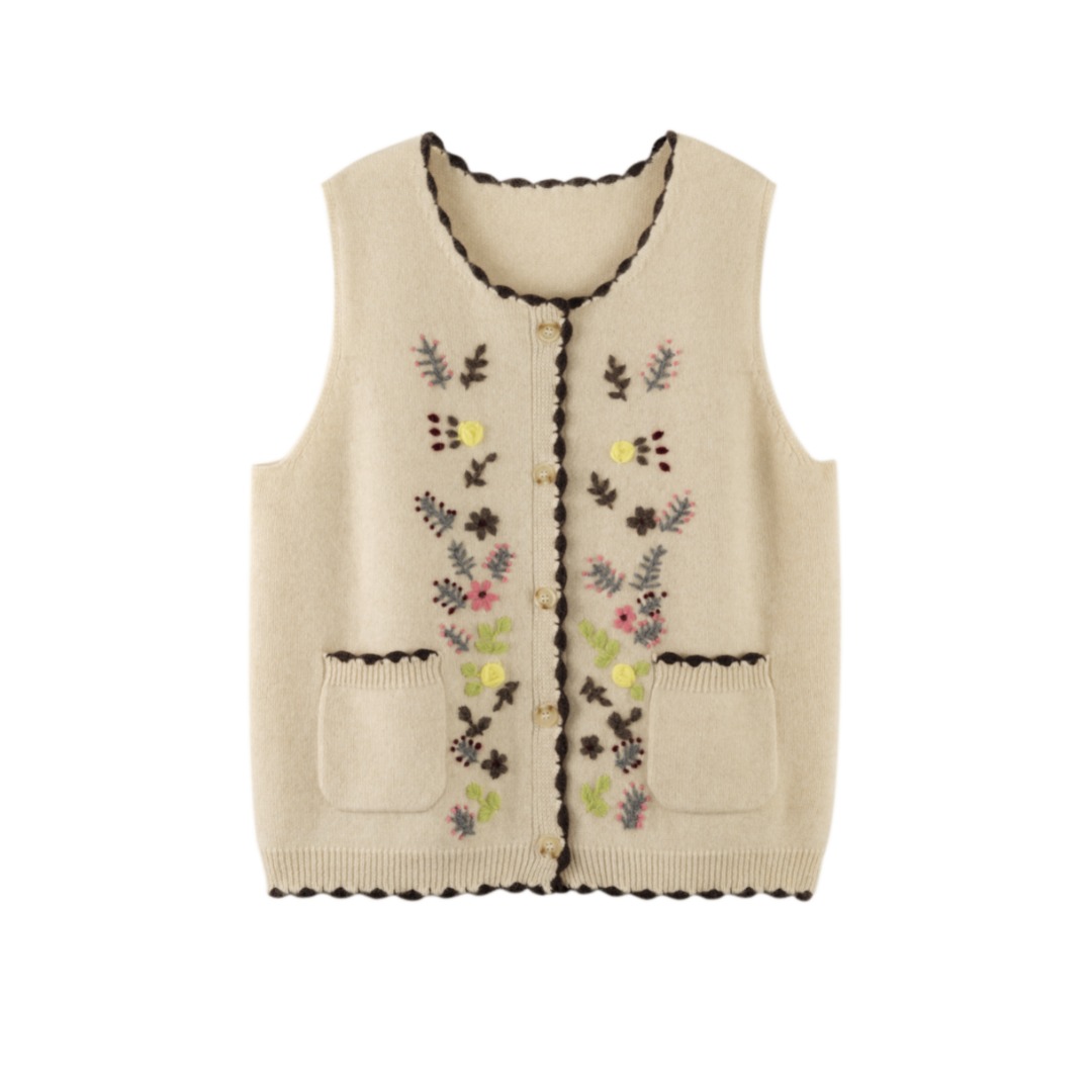 重工手工刺绣羊绒开衫马甲背心坎肩100%山羊绒针织套头衫马甲