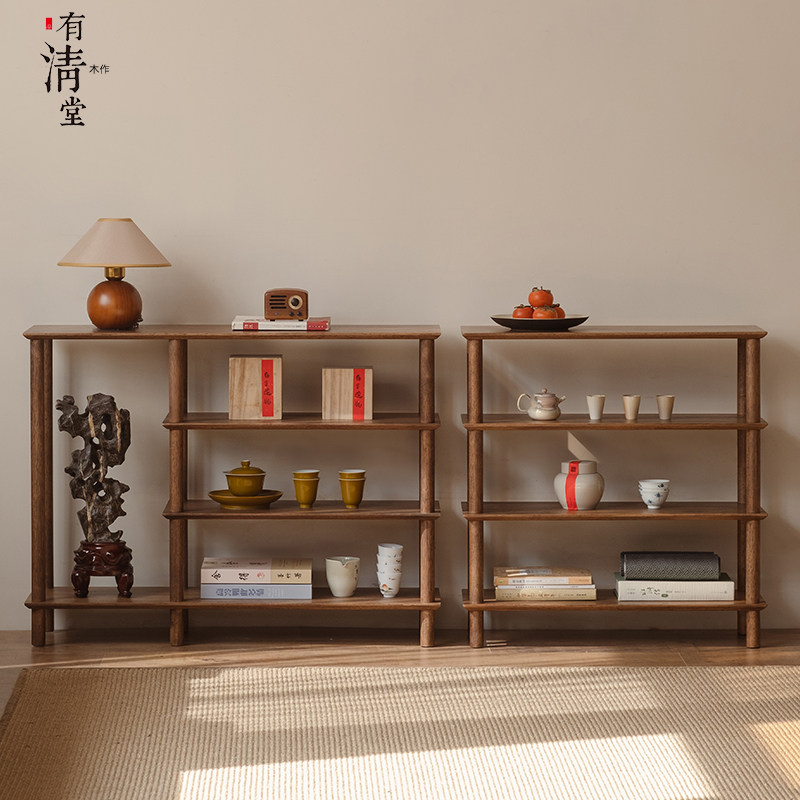 有清堂新中式金丝柚木实木置物架家用收纳架茶具陈列架鞋架