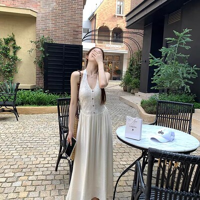 花花家-挂脖背心长裙收腰显瘦a字摆气质淑女连衣裙(不含披肩)7099