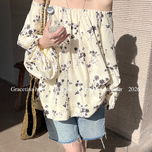浪漫花卉马蹄袖 GRACETINA HOO 定染法式 CSA078 慵懒随性一字肩衬衫