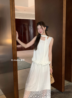 MSTUDIO漫莎-心+网纱蕾丝裙摆绣花半身裙两件套套装(配飘带)T8366