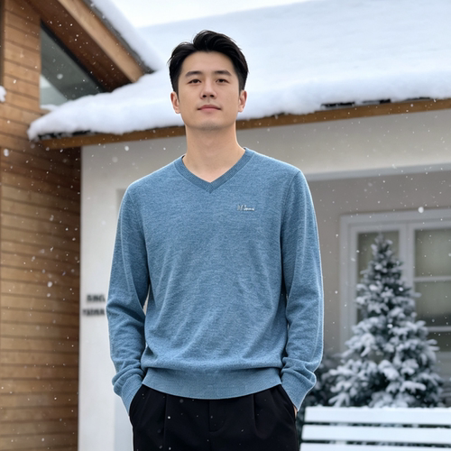 秋冬男士极简V领套头保暖毛衣