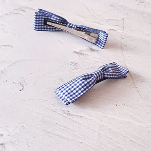 包邮少女天蓝格子发夹女边夹简约蝴蝶结顶夹刘海鱼嘴夹发饰头饰花