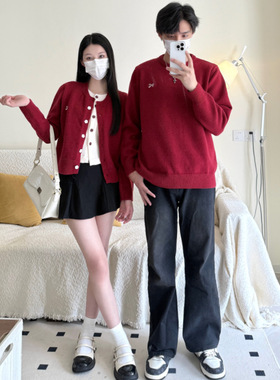 年秋季款复古红色假两件针织衫通勤开衫外套男元女元