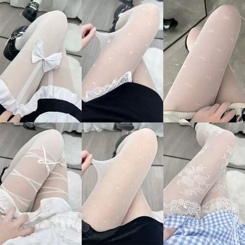 日系洛丽塔白色玫瑰薄款连裤袜