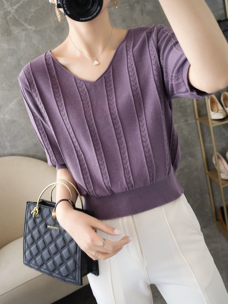 夏季薄款高腰t恤女V领纯棉针织衫