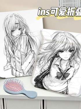 线条少女便携化妆镜素描随身翻盖式折叠迷你补妆小镜子梳妆镜文字
