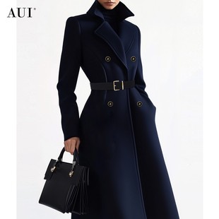 AUI藏青色欧洲站过膝长款 高级感呢子大衣 毛呢外套女2025冬季 新款