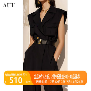 AUI黑色气质设计感小众无袖连衣裤女2024夏季新款高腰修身连体裤