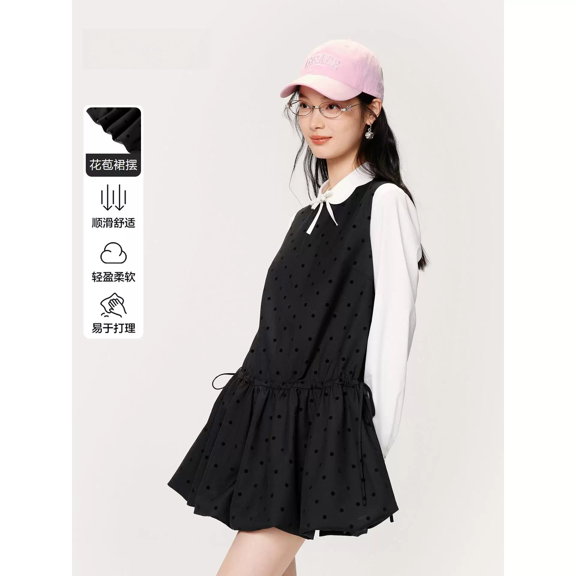 【商场同款】甜美植绒波点连衣裙抗皱面料花苞摆无袖裙C1FAG4113