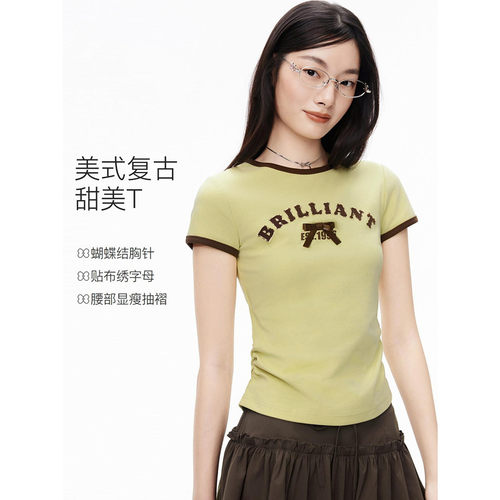 【商场同款】甜美撞色边修身短袖秋季新款抽褶弹力上衣C1CNG3313