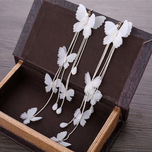 耳环流苏耳饰新娘仙美蝴蝶耳坠潮 甜美手工超长款 韩式 2017耳夹新款