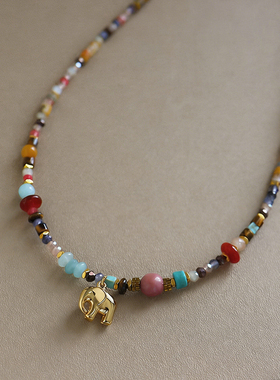 时尚精致彩色多巴胺小象吊坠项链配饰女轻奢小众高级感串珠锁骨链