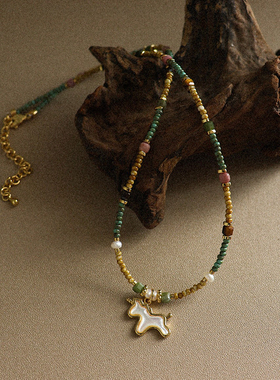 复古时尚天然石贝壳独角兽珍珠项链女款串珠轻奢小众高级感锁骨链