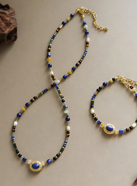 简约时尚波西米亚风青金石串珠项链轻奢小众高级感气质百搭锁骨链