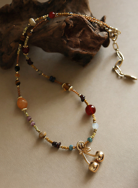 时尚彩色多巴胺天然石樱桃串珠项链配饰女款轻奢小众高级感锁骨链