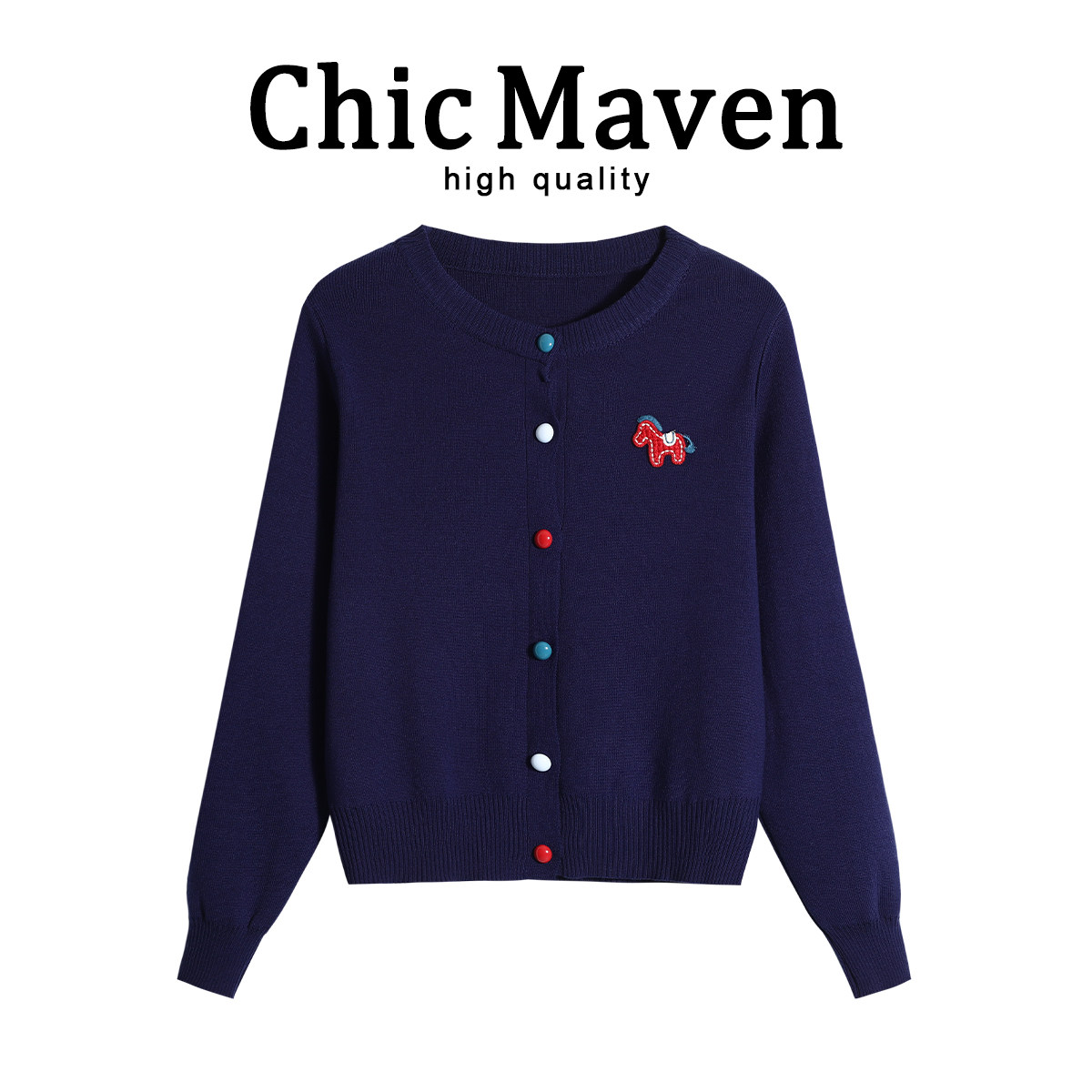 ChicMaven韩版彩扣小马刺绣针织开衫女春季本命年别致显瘦上衣服,女装/女士精品,毛针织衫,淘宝优惠券,粉丝福利购,淘宝优惠卷