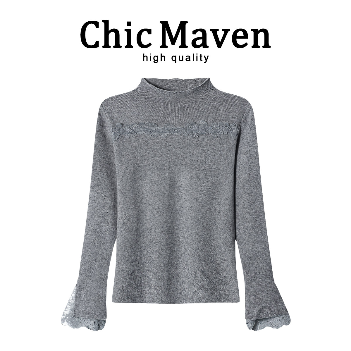 Chic Maven温柔蕾丝花边半高领打底衫女春季喇叭袖显瘦减龄上衣服,女装/女士精品,T恤,淘宝优惠券,粉丝福利购,淘宝优惠卷