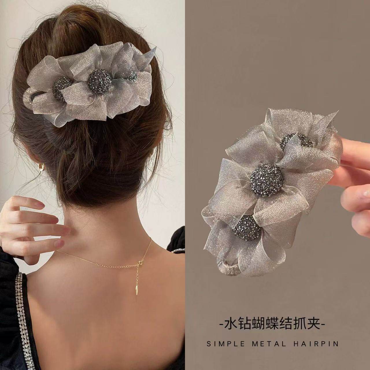 韩版大号蝴蝶结网纱花朵盘发鲨鱼