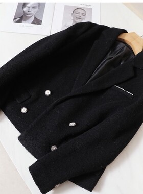 珍珠扣点缀 简单黑色优雅小香风双排扣短外套+小A裙短裙套装女春