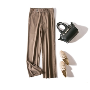 腰袢点缀含精纺羊毛高垂珠光直筒休闲西裤 女 通勤显瘦小微喇直筒裤