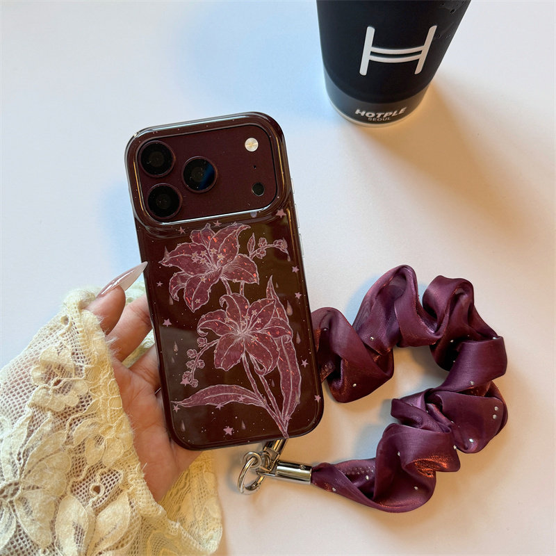 韩风高级感复古酒红色百合花适用iPhone18promax女款手机壳15苹果17pro全包16promax防摔腕带保护套