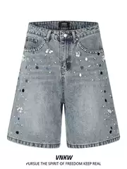 American Retro Style Rhinestone Sequin Decorated Straight-Leg Denim Shorts for Men and Women, Loose Design, Trendy Brand, Versatile Five-Point Shorts