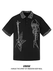 American Retro Y2K Guitar Print Short-Sleeved Lapel Polo Shirt for Men and Women, Loose Casual Punk Light Asian T-Shirt