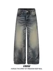 American Retro Washed Distressed Whiskered Straight-Leg Jeans for Men and Women, Loose Wide-Leg Straight-Leg Versatile Commuting Trousers