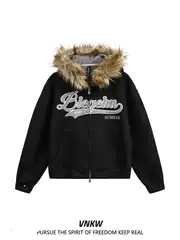 National Trend Cleanfit Letter Embroidery Fur Collar Hooded Sweatshirt for Men and Women, Loose Fit, Couple's Warm Thick Cotton Jacket